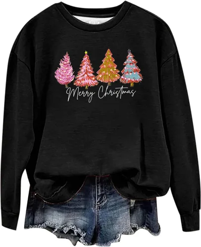 Vista 4 de Ceboyel Sudadera con diseño de árbol de Navidad para mujer, cuello redondo, suéter de manga larga, ropa divertida de moda 2023