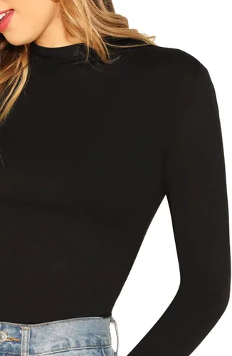 Vista 3 de Verdusa - Camiseta básica de cuello alto falso, entallada, de manga larga sin botones para mujer