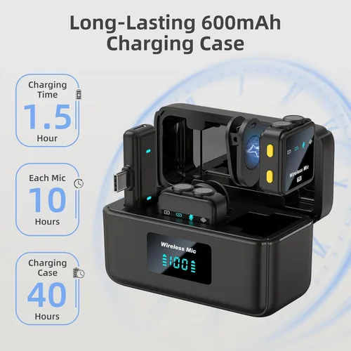 Vista 4 de VM32 Mini micrófono inalámbrico para iPhone 17 16 15 teléfono Android, micrófono de solapa Lavalier USB C con estuche de carga de 40 horas