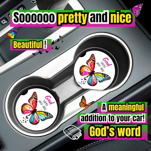 Vista 2 de Posavasos cristianos para portavasos – Paquete de 2 bonitos versículos de la Biblia de mariposa, accesorios de coche para mujeres, decoración de fe