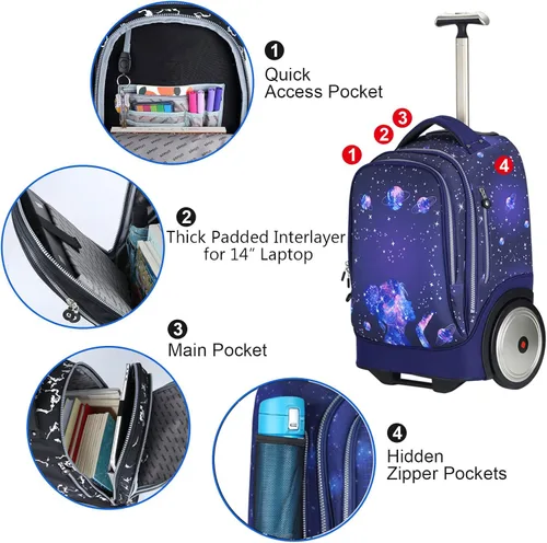 Vista 3 de Bolsa de computadora portátil con ruedas para portátil de 14 pulgadas, bolsa con ruedas, mochila con ruedas, bolsa de computadora con ruedas de 20
