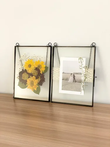 Vista 2 de Beedecor Juego de 2 marcos colgantes de vidrio doble para flores prensadas, hojas y obras de arte, marco flotante de metal grande con cadena, marcos