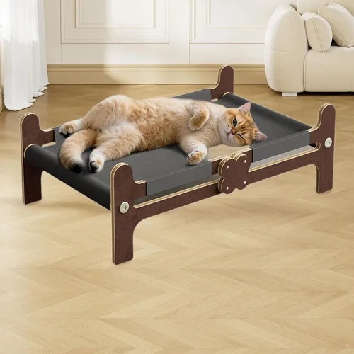 Vista 6 de Hamaca de madera para gatos, cama para dormir, suministros suaves elevados, sofá transpirable, muebles para mascotas, cama para gatos