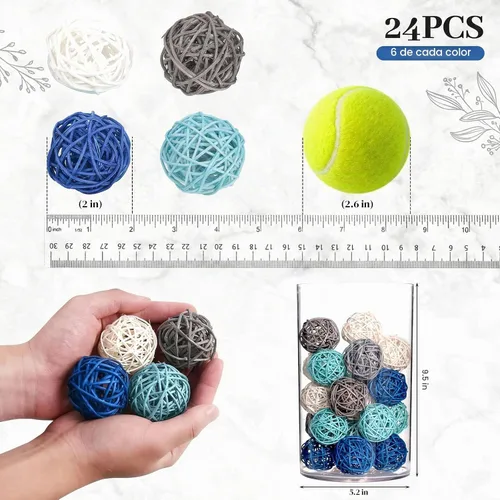 Vista 2 de DomeStar 24 unidades de bolas decorativas azules para centro de mesa de cuenco, bolas de ratán de 5 cm para relleno de cuenco Decoración de orbes