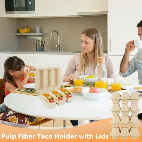 Vista 7 de JMIATRY 50 soportes desechables para tacos con tapas, platos desechables para tacos con 3 compartimentos, divisores de fibra de pulpa, desechables