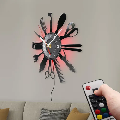 Vista 7 de Reloj de pared con herramientas de peluquería de 12 pulgadas con 7 colores cambiantes, reloj de pared para peluquería y negocios, reloj de pared