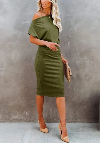 Vista 4 de Ezbelle Vestido por debajo de la rodilla, ajustado, para mujer, con hombro descubierto y manga corta, vestido acanalado informal y de fiesta
