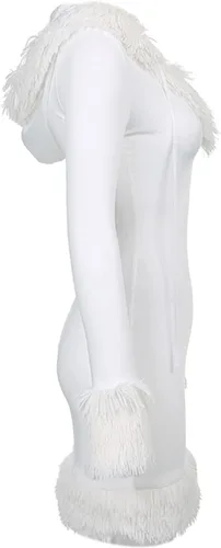 Vista 6 de Vestidos cortos con capucha para mujer, estilo Y2K, manga larga, ajustado, cuello en V, dobladillo de felpa, vestido empalme para Halloween, fiesta