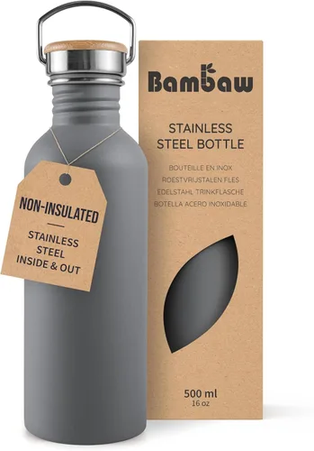 Vista 31 de Bambaw Botella de agua de acero inoxidable de 16 onzas, botella deportiva azul marino, no aislada, de pared simple, botella de agua pequeña de metal