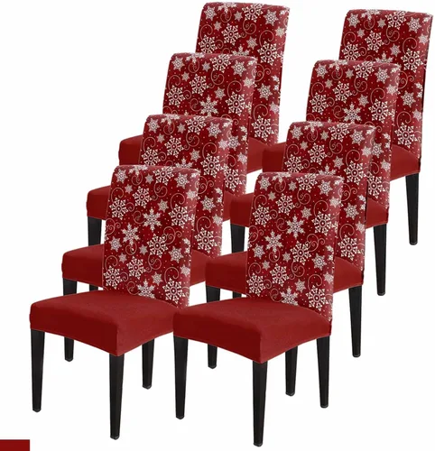 Vista 12 de Savannan - Juego de 4 fundas para sillas de árbol de Navidad, bolas de copos de nieve de color rojo invierno, fundas elásticas para sillas Parsons