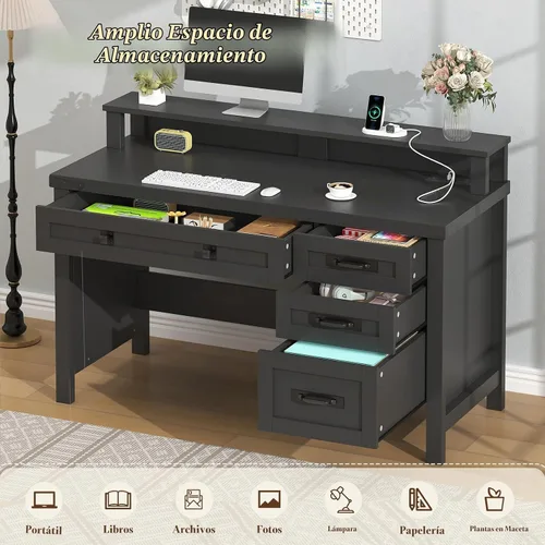 Vista 4 de YOMILUVE Escritorio para computadora de granja con cajones, escritorio pequeño para computadora de 47 pulgadas con tomas de corriente, escritorio