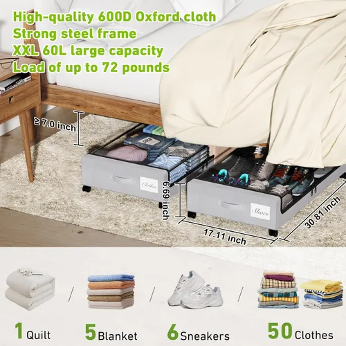 Vista 2 de Tututry Almacenamiento Debajo de la Cama con Ruedas, XXL 60L Contenedores de Almacenamiento Debajo de la Cama, Contenedores de Almacenamiento Bajo