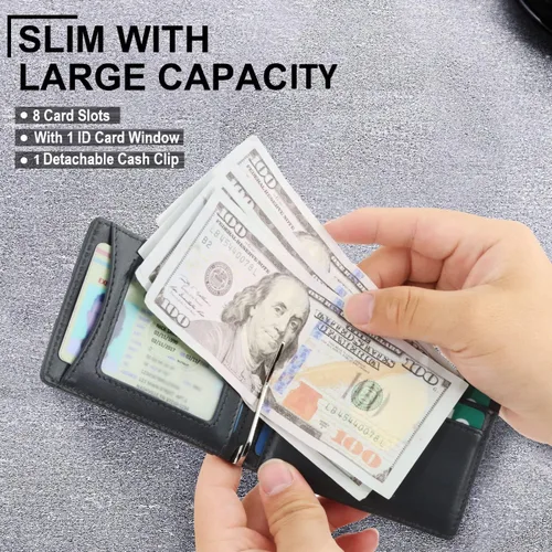 Vista 5 de ZEGY Billetera delgada para hombre Billetera de cuero de fibra de carbono premium Cartera plegable para hombres con 8 ranuras y clip de dinero
