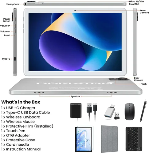 Vista 9 de DOMATON Tableta con teclado, tabletas Android 2025 de 14 GB+128 GB+1 TB expandir, tableta de 10.1 pulgadas Octa-Core 2 en 1 con pantalla Incell
