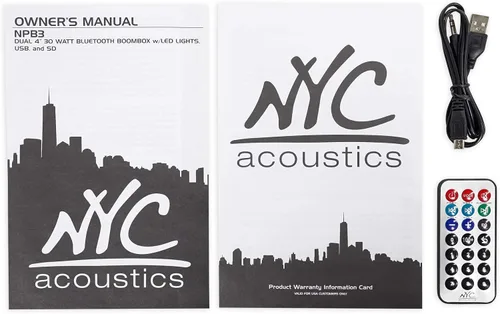 Vista 8 de NYC Acoustics NPB3 Dual 4 "Altavoz Bluetooth Boombox portátil+USB/SD/LED+Remoto, Negro