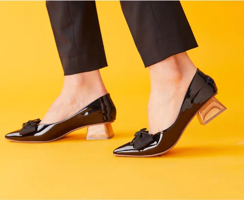Vista 5 de C.Paravano Zapatos de tacón de madera I negro I Zapatos planos para mujer I Zapatos de tacón bajo para mujer I Bowknot puntiagudo zapatos de tacón