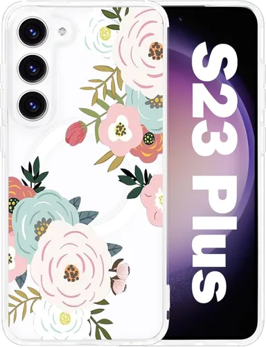 Vista 70 de Funda magnética para Samsung Galaxy S22 Ultra Flower, compatible con MagSafe, patrón floral transparente a prueba de golpes, parte trasera