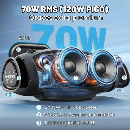 Vista 2 de W-KING Altavoces Bluetooth portátiles ruidosos, 120 W máx. con micrófono inalámbrico 70W Outdoor Speaker Bluetooth Wireless Waterproof, Triple