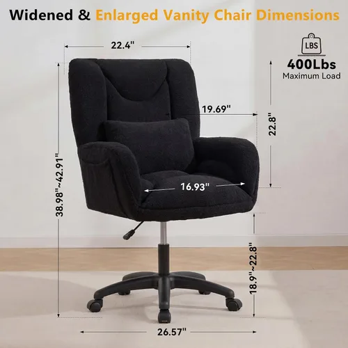 Vista 2 de FOXHUNTER Silla de tocador con respaldo ergonómico y ruedas, silla giratoria de 360°, silla de oficina en casa de altura ajustable para sala de Negro