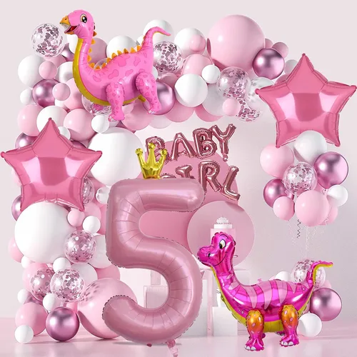 Vista 4 de Globos de dinosaurio rosa, globo de aluminio Mylar con número de cumpleaños para niña, decoraciones de fiesta de 5º cumpleaños