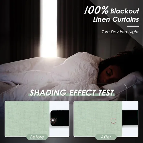 Vista 2 de Cortinas de lino 100% opacas para dormitorio, 102 pulgadas de largo, con pestaña trasera, bolsillo para barra, paneles acústicos con aislamiento