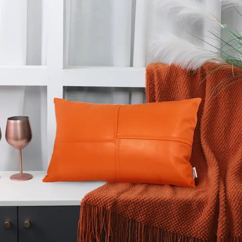 Vista 4 de BRAWARM Fundas de Almohada Decorativas de Cuero Sintético 12 X 20 Pulgadas, Fundas de Almohada Lumbar de Cuero Naranja Paquete de 2, Almohadas