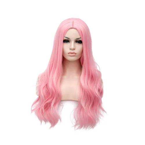 Vista 5 de Winshope Peluca larga rosa para niñas y mujeres, ondulada, rizada, para disfraz, cosplay, resistente al calor