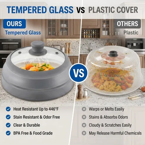 Vista 4 de Cubierta de salpicaduras de microondas para alimentos, cubierta de microondas de vidrio de 10.5 pulgadas con borde de silicona plegable, cubierta