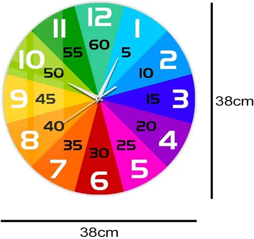 Vista 2 de Reloj de pared educativo con ruedas de color arcoíris de 15 pulgadas, para enseñar la hora y aprender a decir la hora, silencioso, sin tictac