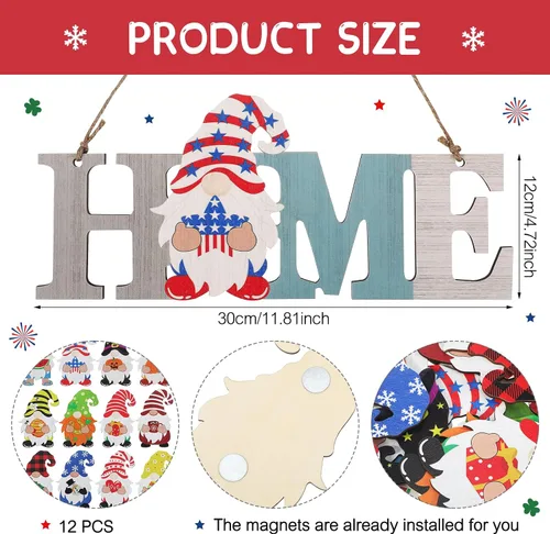 Vista 2 de 13 piezas de gnomo intercambiable para el hogar, letrero de madera 3D para Navidad, invierno, decoración de puerta de temporada, decoración rústica