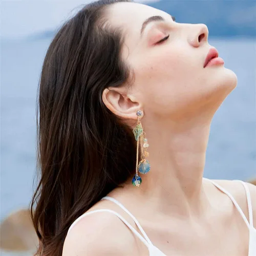 Vista 3 de Damleng - Pendientes largos con borla y concha de océano brillantes para mujer y niña