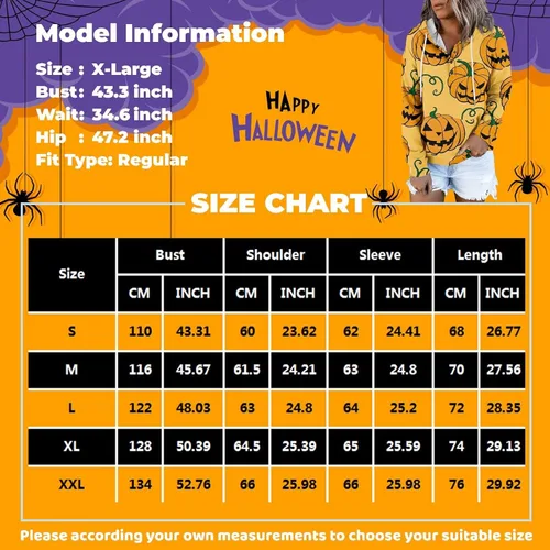 Vista 5 de Sudaderas con capucha de Halloween para mujer, clásicas, de manga larga, con estampado de calabaza, con bolsillos