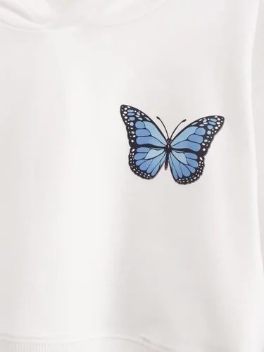 Vista 3 de Romwe Sudadera corta con capucha y hombros caídos para niña con estampado de mariposas