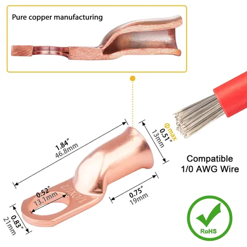Vista 4 de 6 piezas 1/0 AWG - 1/2" (M12) Sanuke Terminales de anillo para cable de alambre con conectores de extremos resistentes para cable de batería, ojales