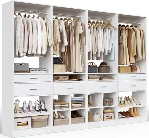 Vista 12 de Unikito Organizador de armario de 25 pulgadas de ancho x 80 pulgadas de alto, con barra para colgar y 2 cajones de madera, zapatero ajustable