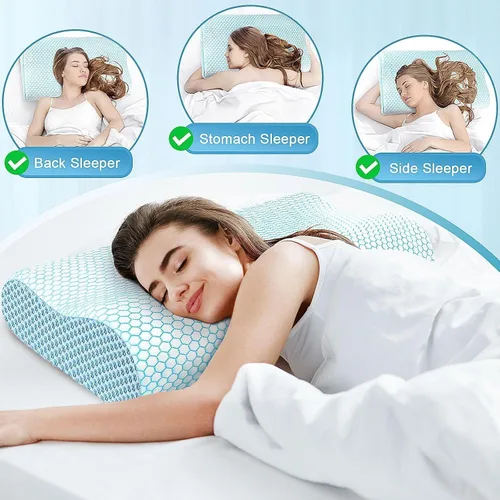 Vista 7 de Almohada cervical ergonómica para dormir, tamaño Queen azul Memory Foam Bed Pillow for Side Back Stomach Sleepers, Contour Fit Neck Pillow for