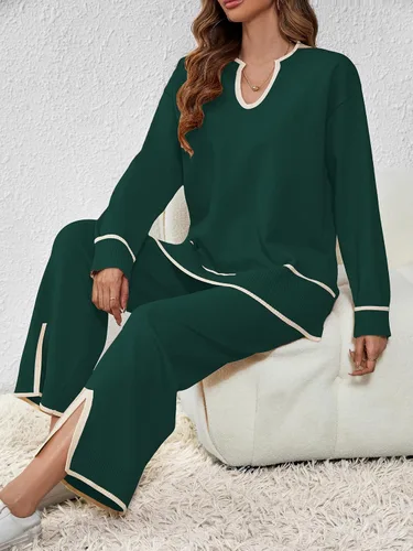 Vista 8 de SuperPrity Conjunto de 2 piezas de suéter para mujer, con cuello de muesca, manga larga, suéter de punto y pierna ancha