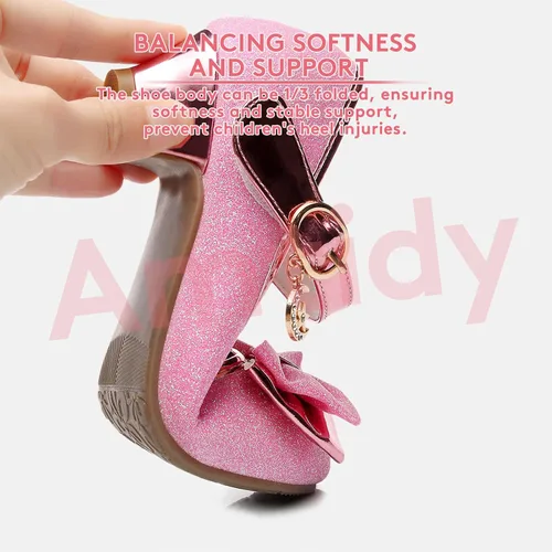 Vista 5 de Zapatos de vestir para niñas, zapatos de fiesta de boda Mary Jane, zapatos con purpurina para damas de honor, tacones de princesa