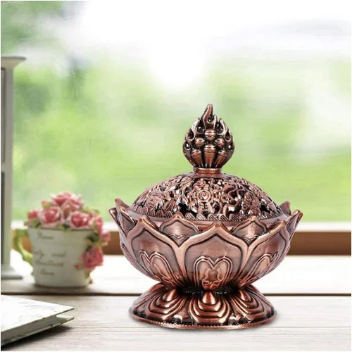 Vista 6 de Quemador de incienso, bronce antiguo chino estilo asiático, flor de loto, quemador de incienso de reflujo, quemador de incienso de humo, soporte