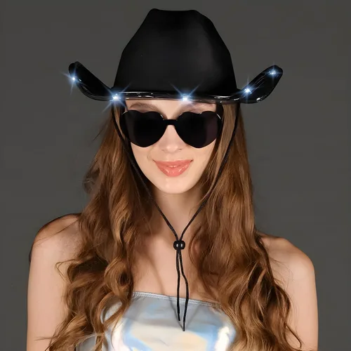 Vista 4 de Funcredible Light Up Cowboy Hat and Glasses - Holographic Led Cowboy Hat for Women - Space Cowgirl Hat - Cowgirl Outfit