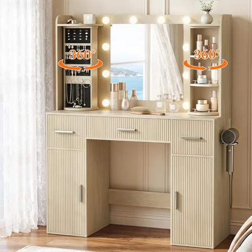 Vista 9 de EasyCom - Mesa de tocador con organizadores de joyería giratorios, tocador de maquillaje con espejo y luces, mesa de vestir con estación de carga