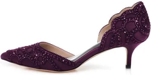 Vista 2 de XYD Zapatos de tacón para mujer, elegante puntera puntiaguda, tacones bajos D'Orsay Kitty, tachuelas de diamantes de imitación, zapatos de satén sin