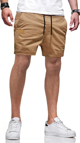 Vista 13 de JMIERR Pantalones cortos casuales de algodón con cordón de verano para la playa de sarga elástica chino golf corto con bolsillos Beige