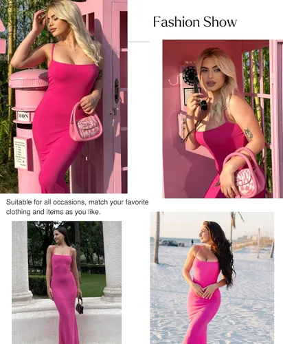 Vista 2 de Popilush Maxi vestido ajustado para mujer, vestido de cóctel con tirantes delgados, vestido de fiesta, cita, noche, verano, largo