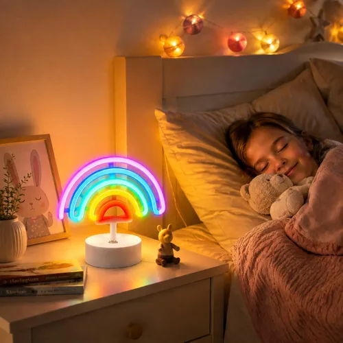 Vista 3 de Letrero de neón arcoíris con base, letreros de luz de neón arcoíris, lámpara LED para habitación de bebé, luces de noche de mesa alimentadas por USB