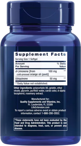 Vista 2 de Life Extension CoQ10 superabsorbente (ubiquinona) 50 mg con suplemento de apoyo para la salud del corazón d-limoneno, promueve la función cerebral