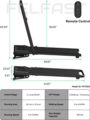 Vista 9 de FelFast Walking Pad Treadmill, 12% 5-Level Auto Incline, 2-in-1 Under Desk Foldable w/Remote Control, 12 HIIT Mode, 265 Lbs, 7.6 MPH Max, Portable