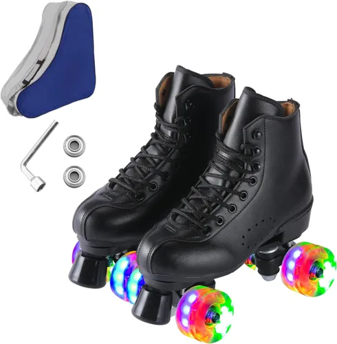 Vista 10 de Patines de ruedas para hombres y mujeres, patines Derby negros con 4 ruedas brillantes, patines clásicos de doble fila para interiores y exteriores