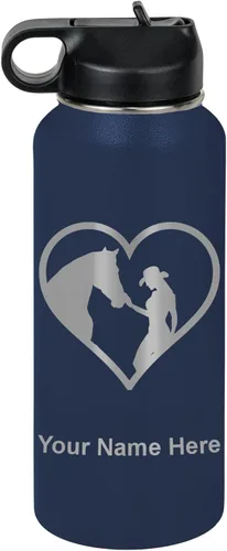 Vista 56 de LaserGram Botella de agua personalizada, corazón de vaquera de caballo, acero inoxidable de doble pared aislada al vacío con popote superior, regalo