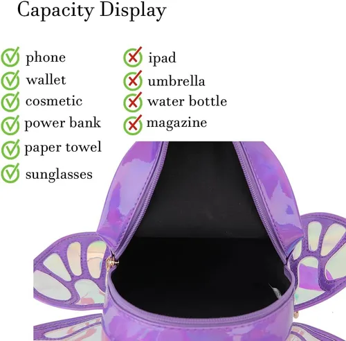 Vista 7 de Mochila holográfica láser para mujer, diseño de alas de ángel de mariposa, casual, mochila de hombro para niñas jóvenes, Morado, S, Mochilas Daypack